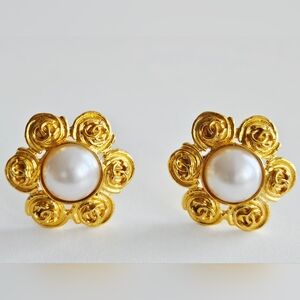 Chanel Gold-plated Large Flower Pearl Earrings